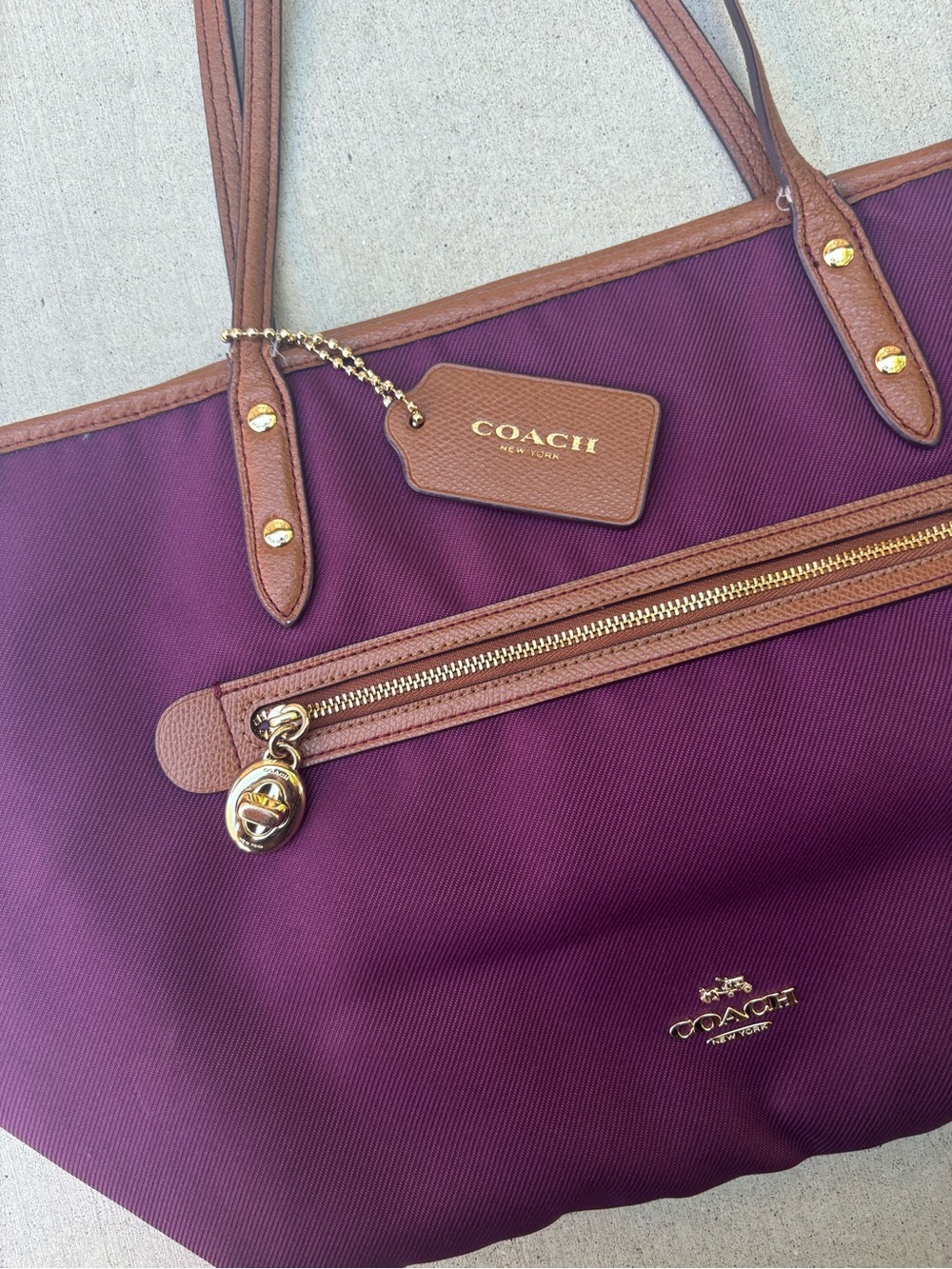 Coach Sawyer Purple Tote Bag with Brown Trim